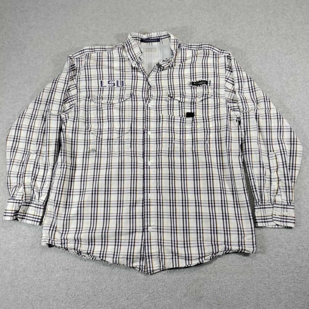LSU Tigers Columbia PFG Fishing Shirt Men Large Super Bonehead Plaid Long Sleeve